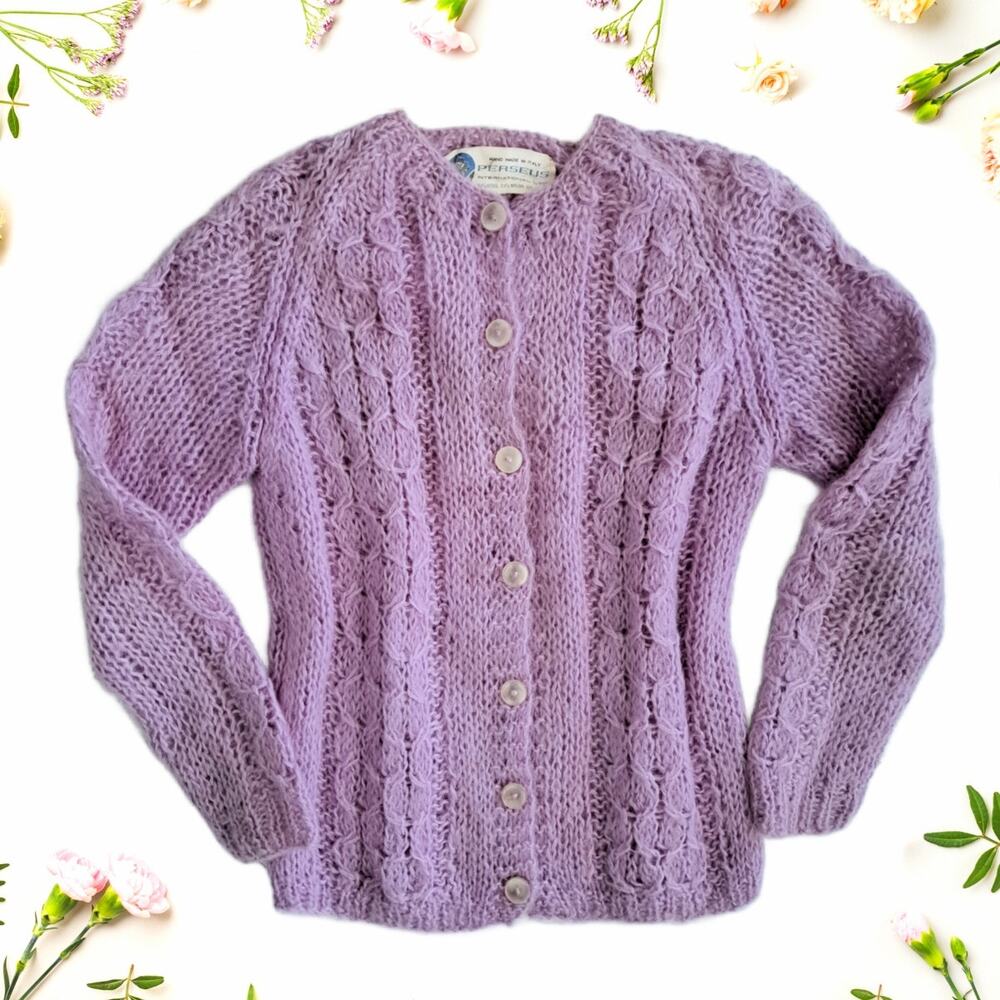 Vintage 60s Perseus Int. Italian Hand Knit Wool Mohair Cardigan Lavender/Lilac